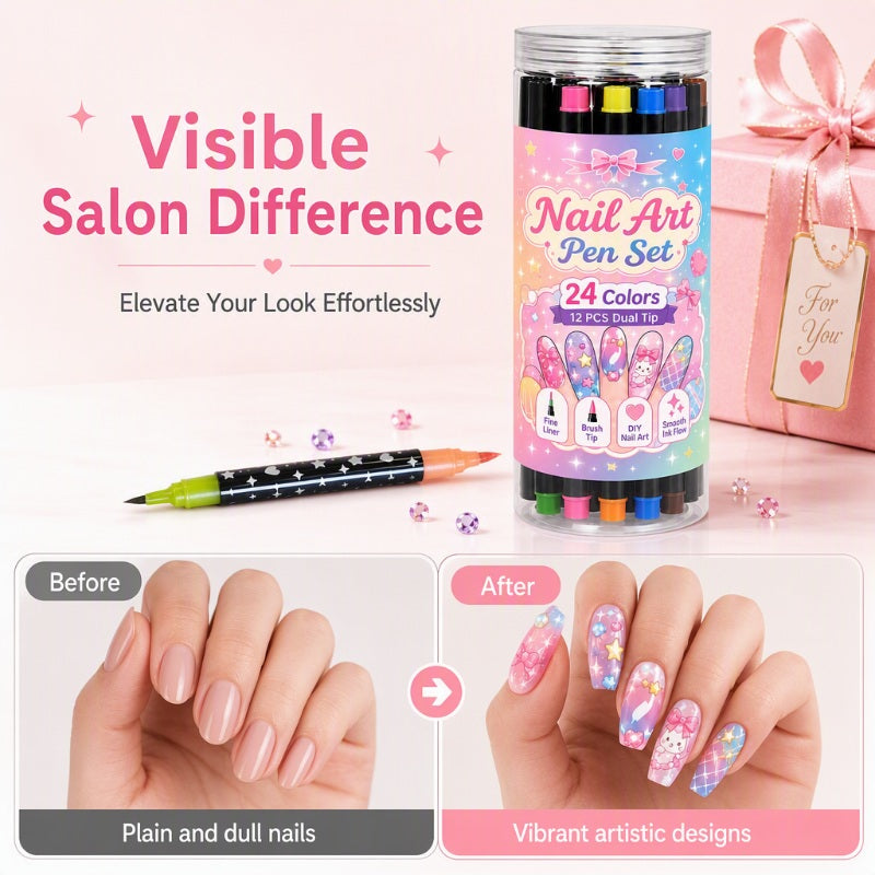 24-Color Dual-Tip Nail Art Pens ✨ DIY Your Own Halloween, Christmas & Everyday Nail Designs