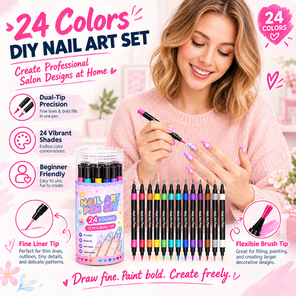 24-Color Dual-Tip Nail Art Pens ✨ DIY Your Own Halloween, Christmas & Everyday Nail Designs