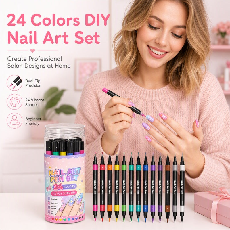 24-Color Dual-Tip Nail Art Pens ✨ DIY Your Own Halloween, Christmas & Everyday Nail Designs