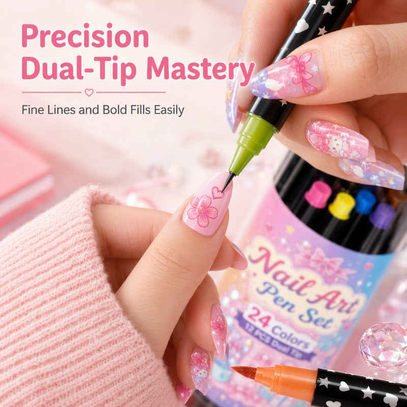 24-Color Dual-Tip Nail Art Pens ✨ DIY Your Own Halloween, Christmas & Everyday Nail Designs